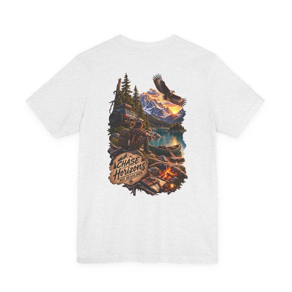 Adventure Graphic Tee — "Chase New Horizons" Mountain & Eagle Back Print