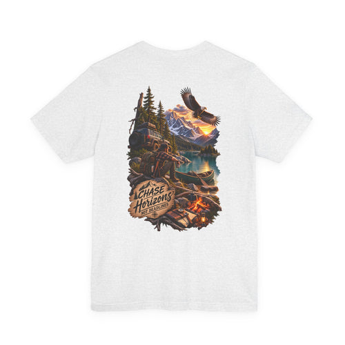 Adventure Graphic Tee — "Chase New Horizons" Mountain & Eagle Back Print