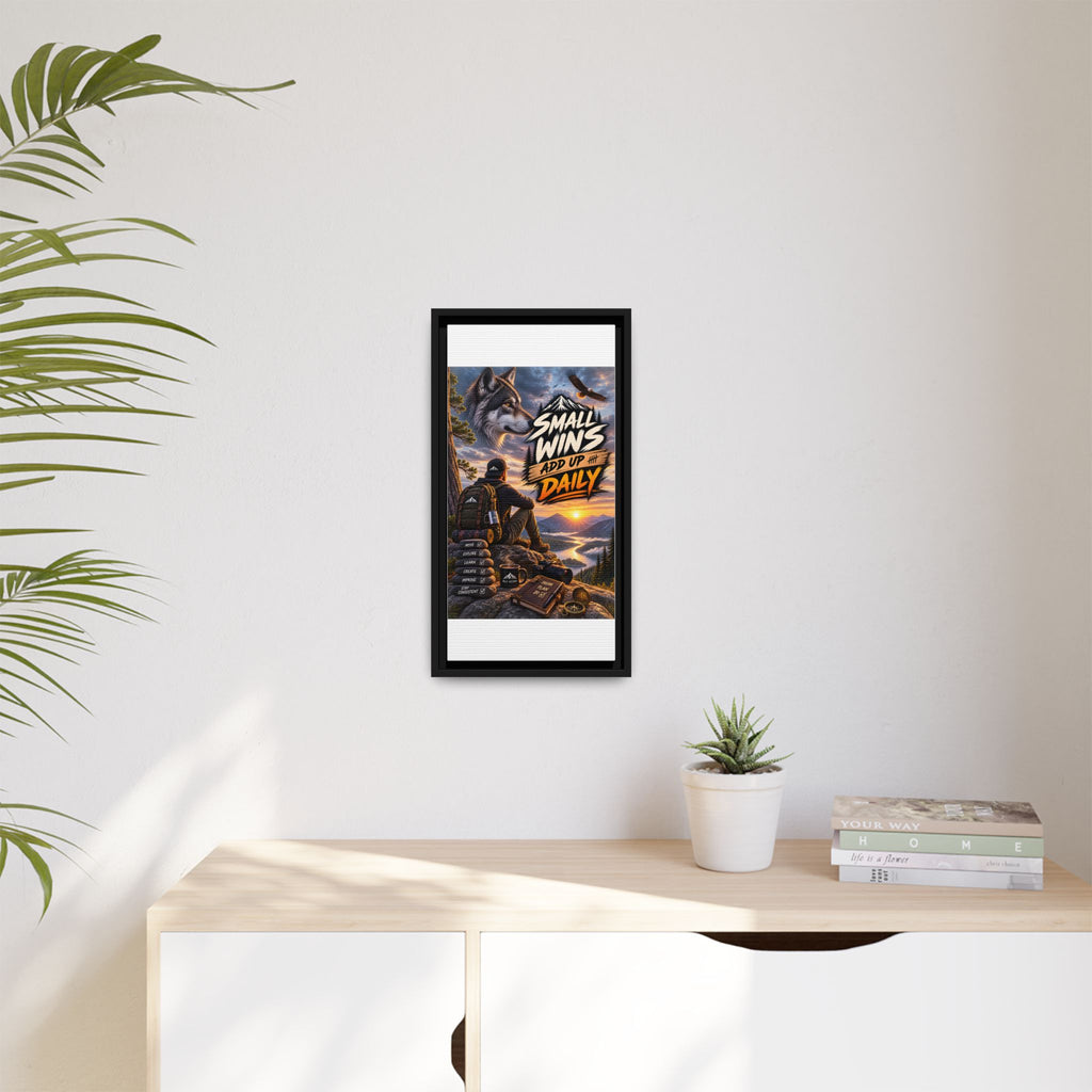 Small Wins Add Up Daily Framed Canvas Wall Art — Motivational Hiking Print