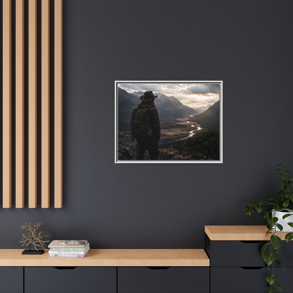 Wanderer in the Valley Matte Framed Canvas – Adventure Landscape Wall Art