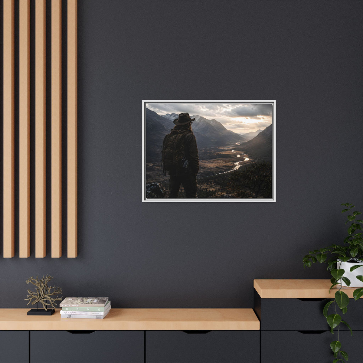 Wanderer in the Valley Matte Framed Canvas – Adventure Landscape Wall Art