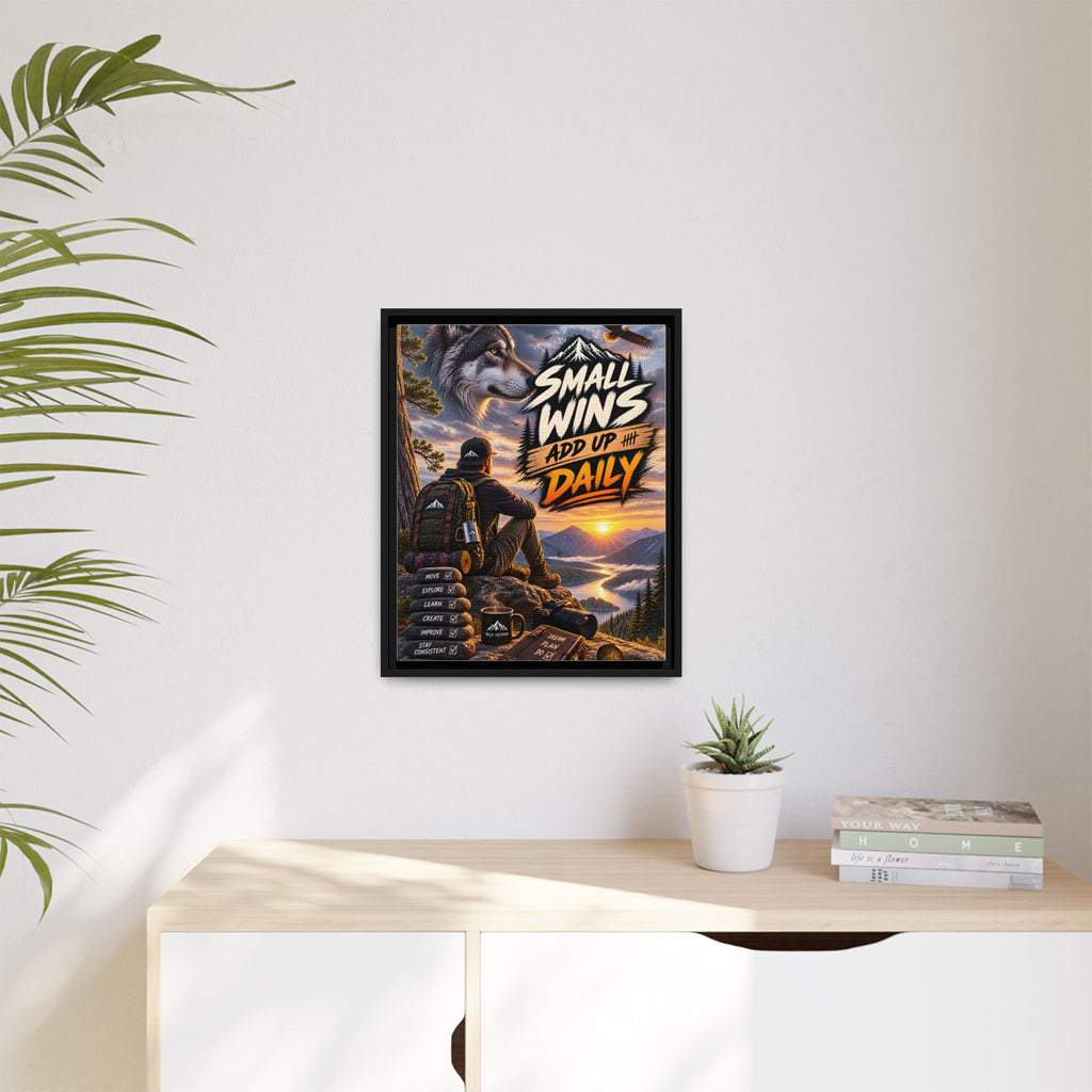 Small Wins Add Up Daily Framed Canvas Wall Art — Motivational Hiking Print
