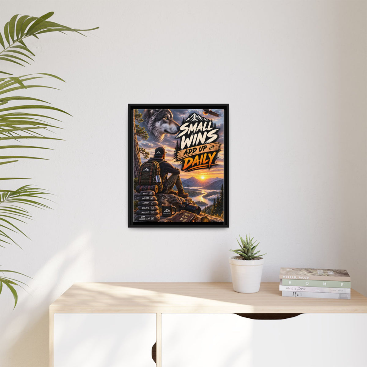 Small Wins Add Up Daily Framed Canvas Wall Art — Motivational Hiking Print
