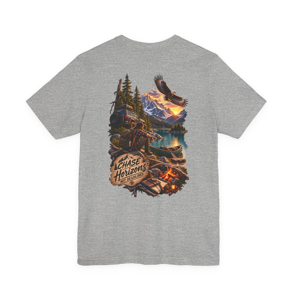 Adventure Graphic Tee — "Chase New Horizons" Mountain & Eagle Back Print