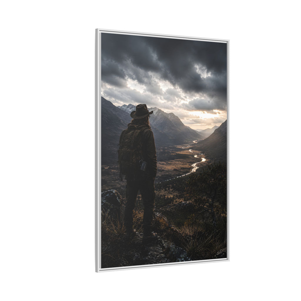 Wanderer in the Valley Matte Framed Canvas – Adventure Landscape Wall Art