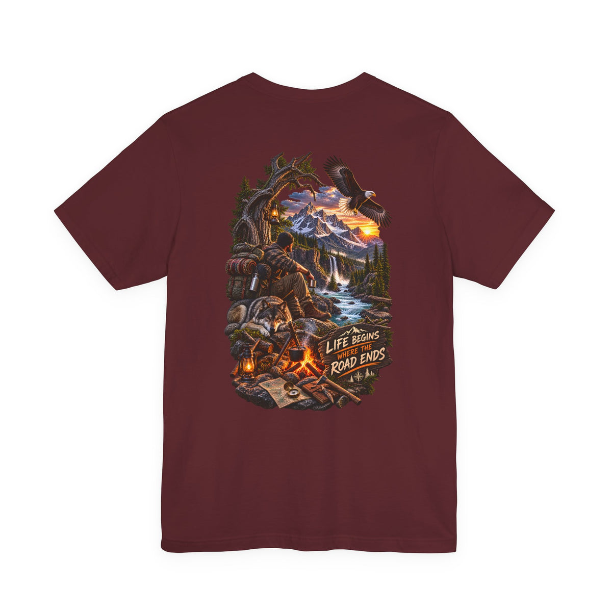 Adventure Campfire Tee — Life Begins Where the Road Ends Graphic T-Shirt