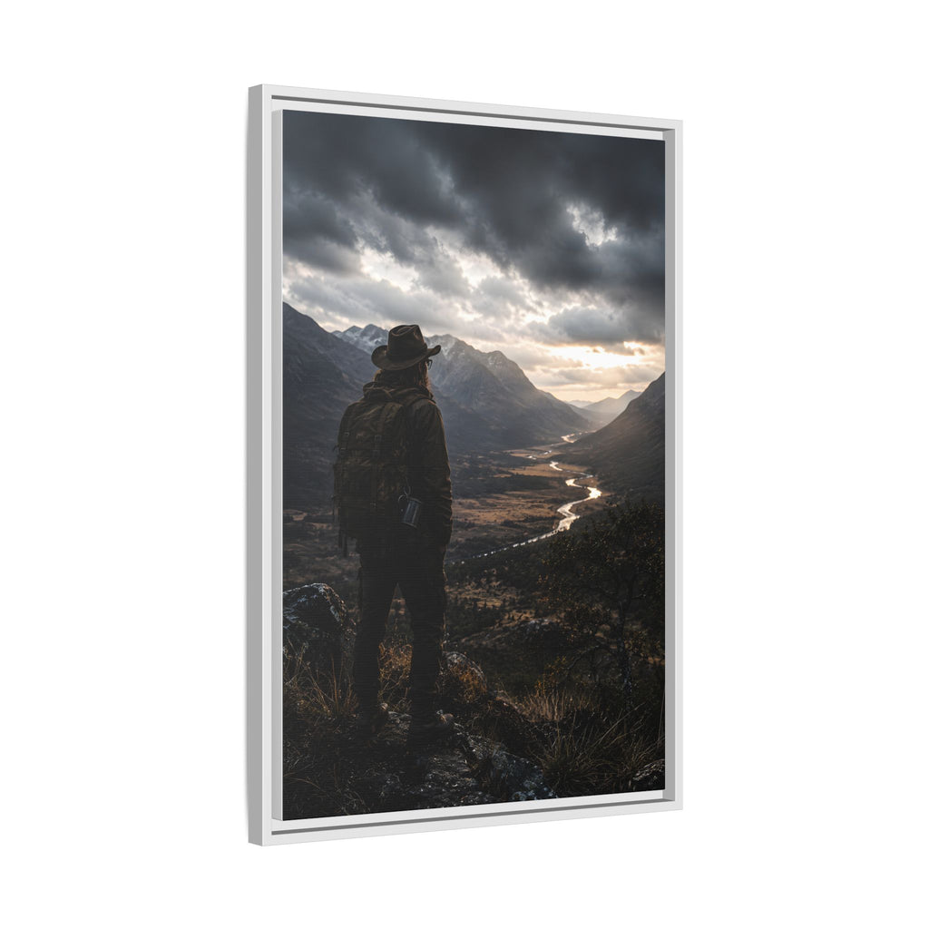 Wanderer in the Valley Matte Framed Canvas – Adventure Landscape Wall Art