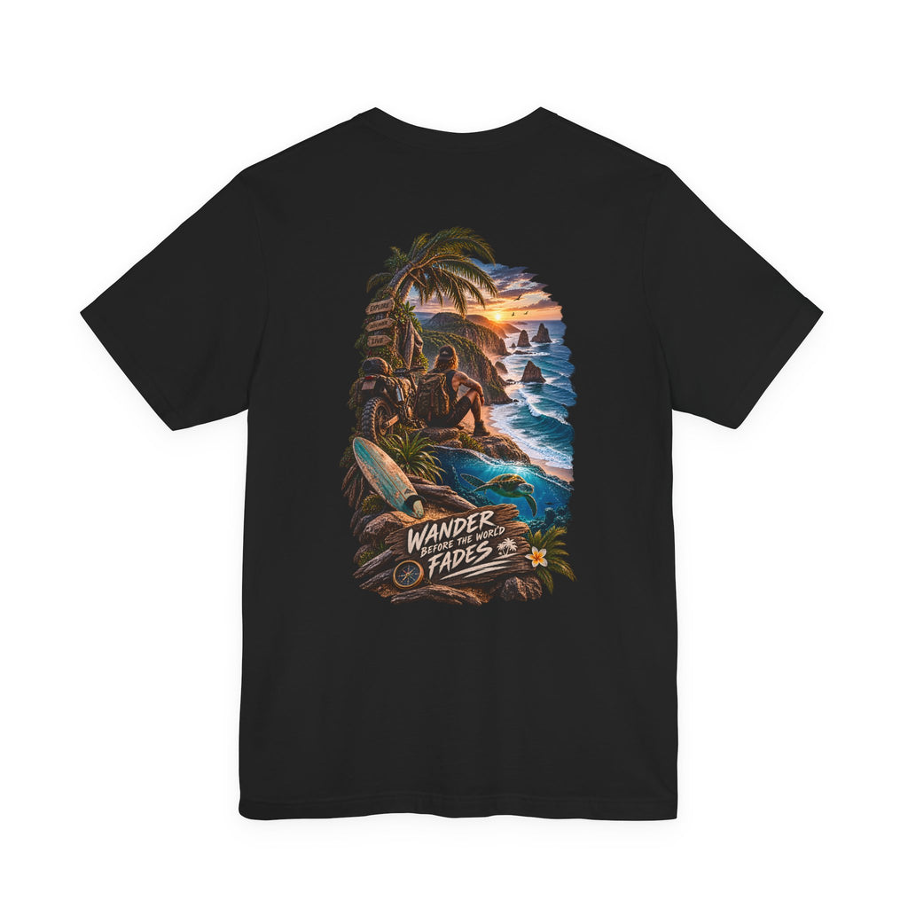 T-Shirt — "Wander Never Fades" Surf Sunset Graphic Tee