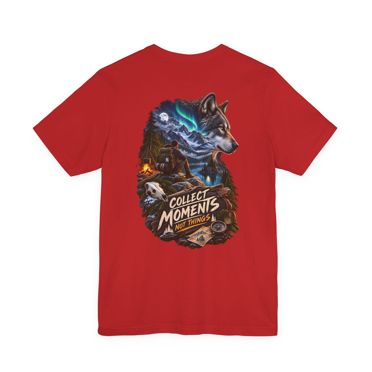 Wolf Graphic Tee – "Collect Moments Not Things" Adventure T-Shirt