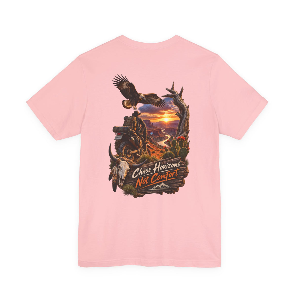 Chase Horizons Not Comfort T-Shirt — Adventure Motorcycle Sunset Graphic Tee