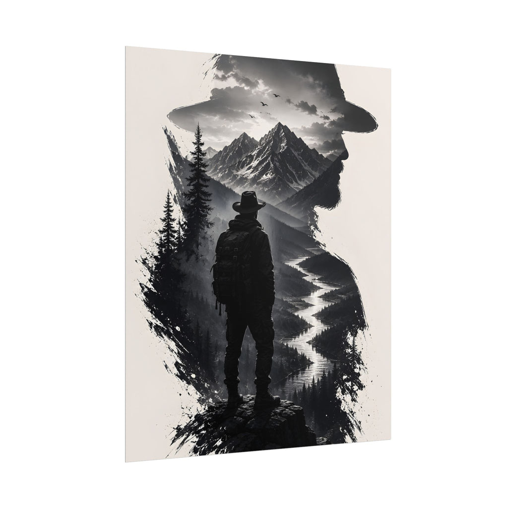Adventure Silhouette Poster — Hiker, Mountains & River Rolled Wall Art