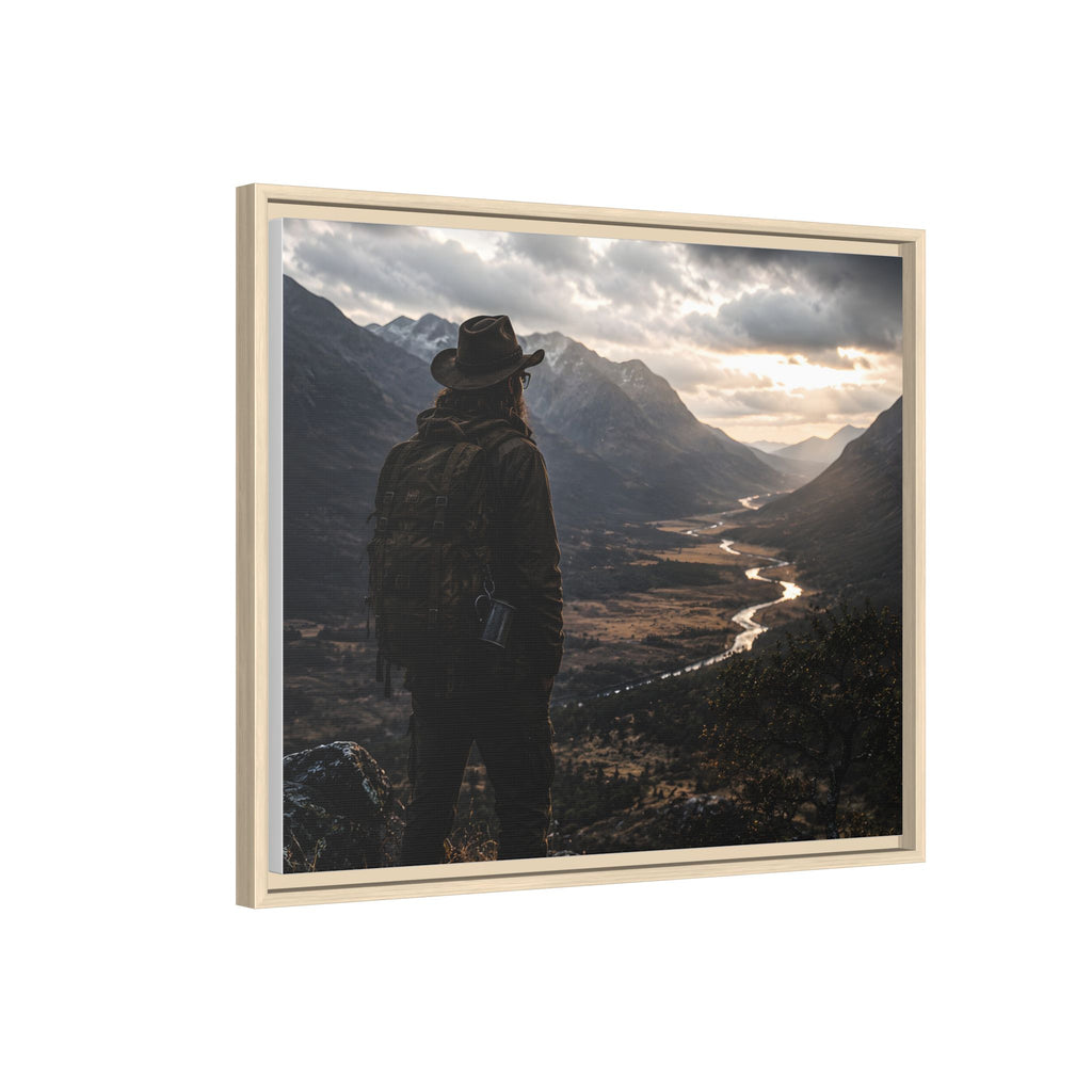 Wanderer in the Valley Matte Framed Canvas – Adventure Landscape Wall Art
