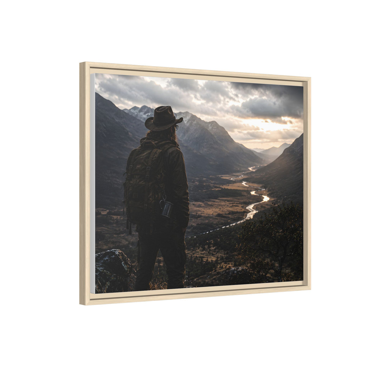 Wanderer in the Valley Matte Framed Canvas – Adventure Landscape Wall Art
