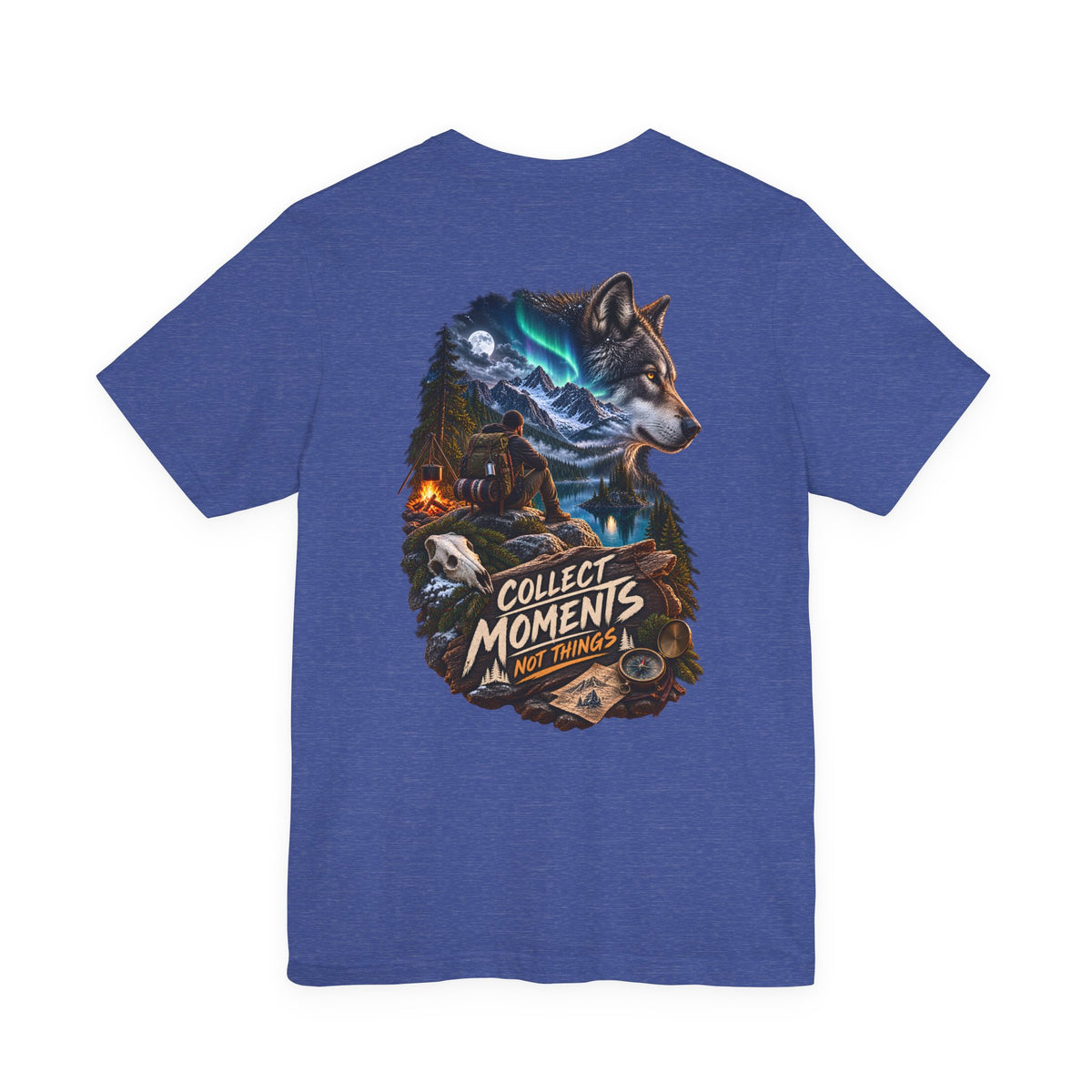 Wolf Graphic Tee – "Collect Moments Not Things" Adventure T-Shirt