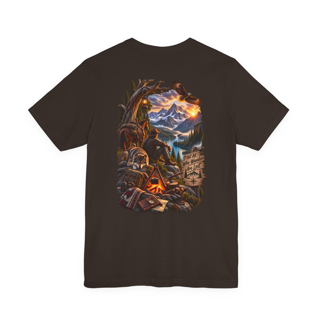 Imprimé de t-shirt avec scène de feu de camp en montagne