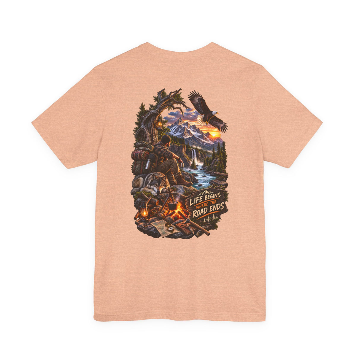 Adventure Campfire Tee — Life Begins Where the Road Ends Graphic T-Shirt