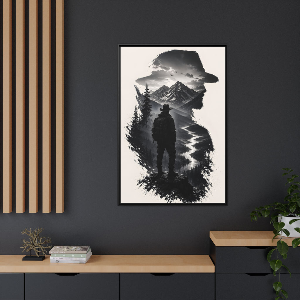 Adventure Silhouette Matte Canvas Framed Print — Mountain Hiker Double Exposure Wall Art