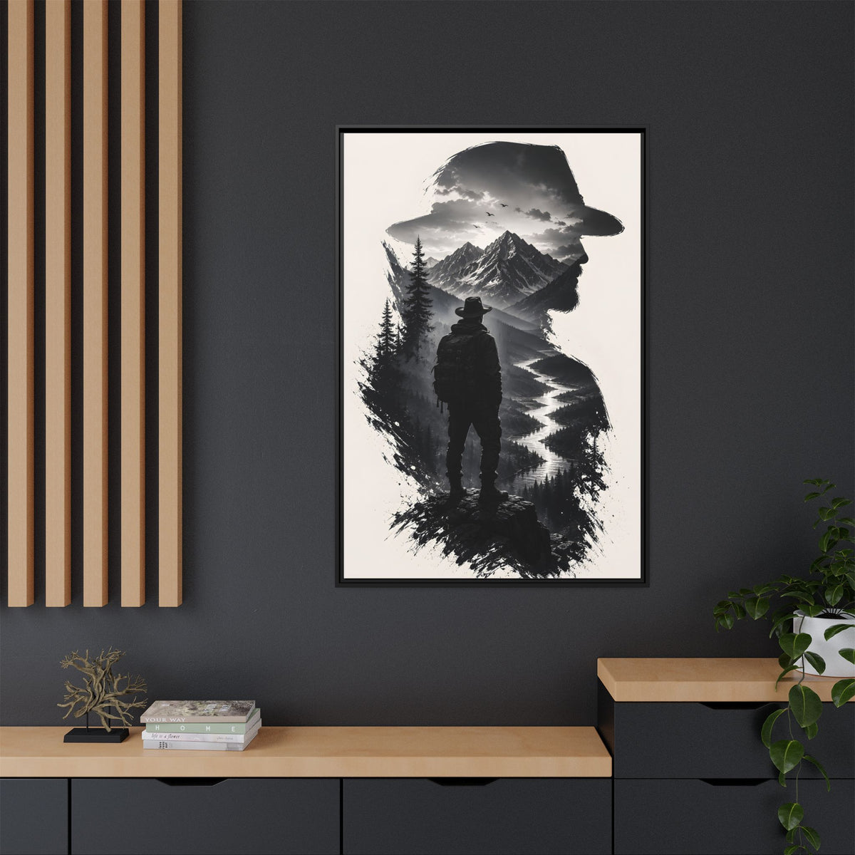Adventure Silhouette Matte Canvas Framed Print — Mountain Hiker Double Exposure Wall Art