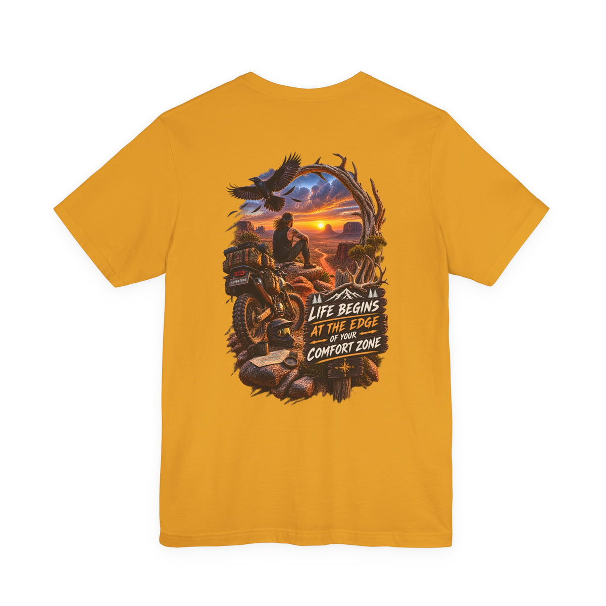 Adventure Motorcycle Tee — "Life Begins at the Edge of Your Comfort Zone"