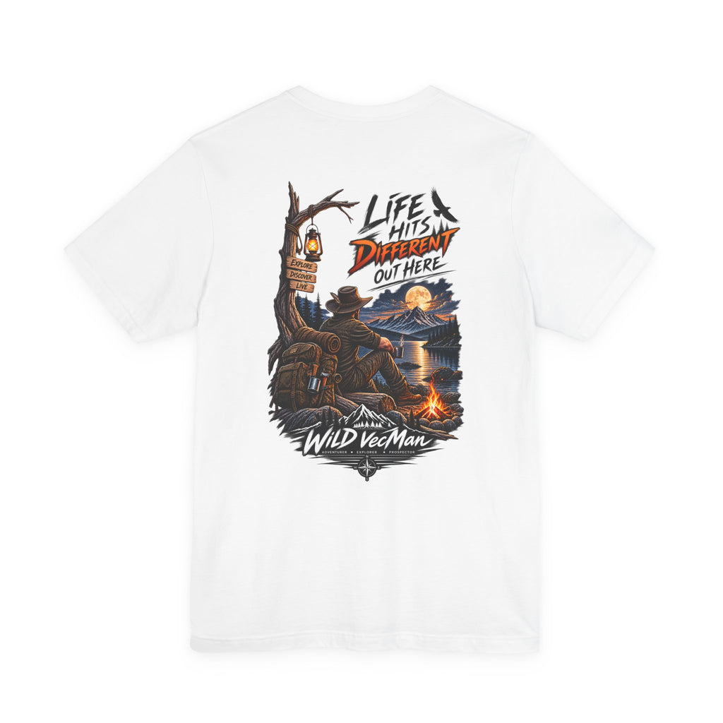 Adventure Campfire T-Shirt — “Life Hits Different Out Here” Graphic Tee