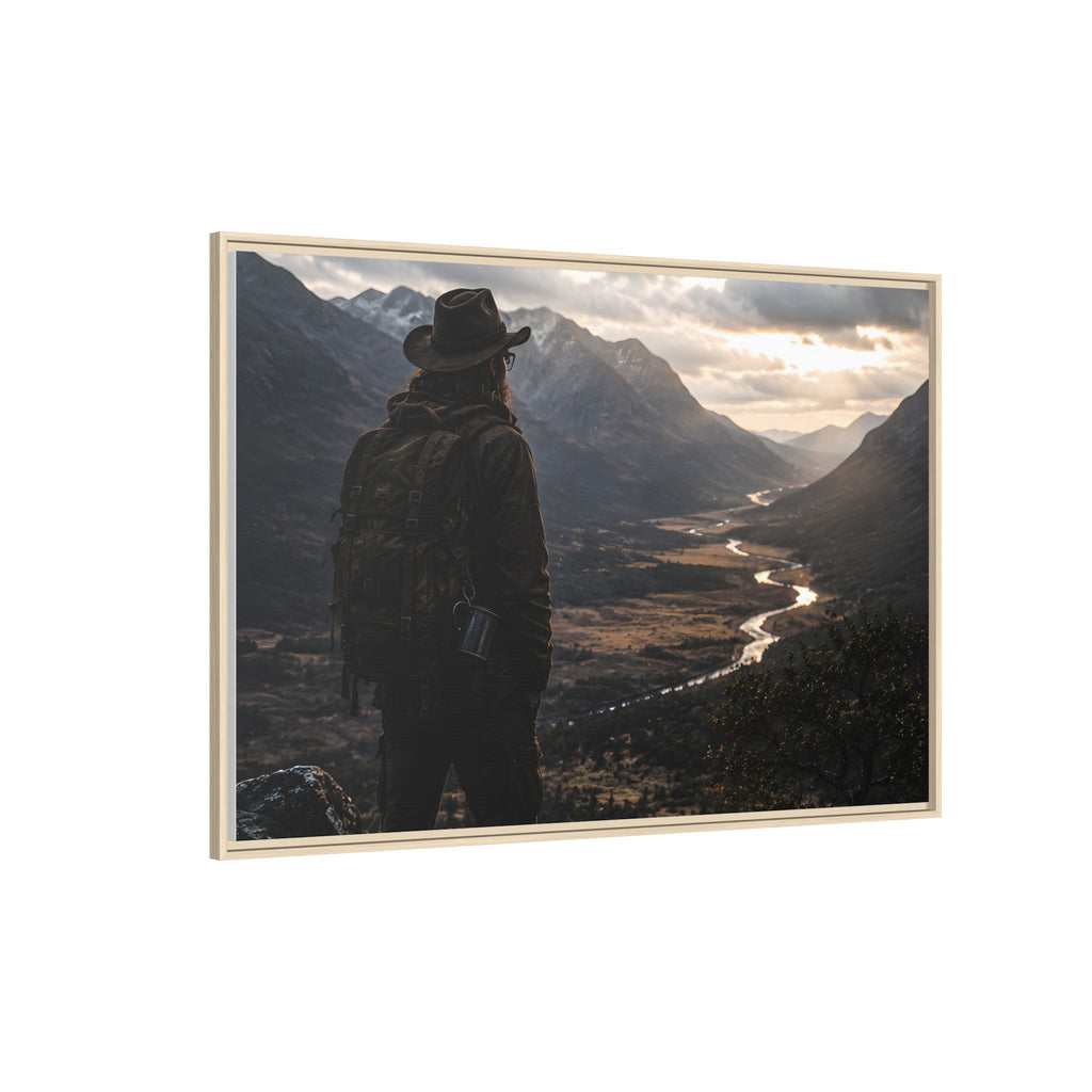 Wanderer in the Valley Matte Framed Canvas – Adventure Landscape Wall Art
