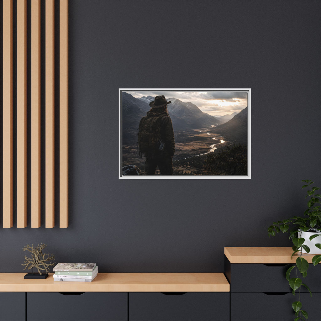 Wanderer in the Valley Matte Framed Canvas – Adventure Landscape Wall Art