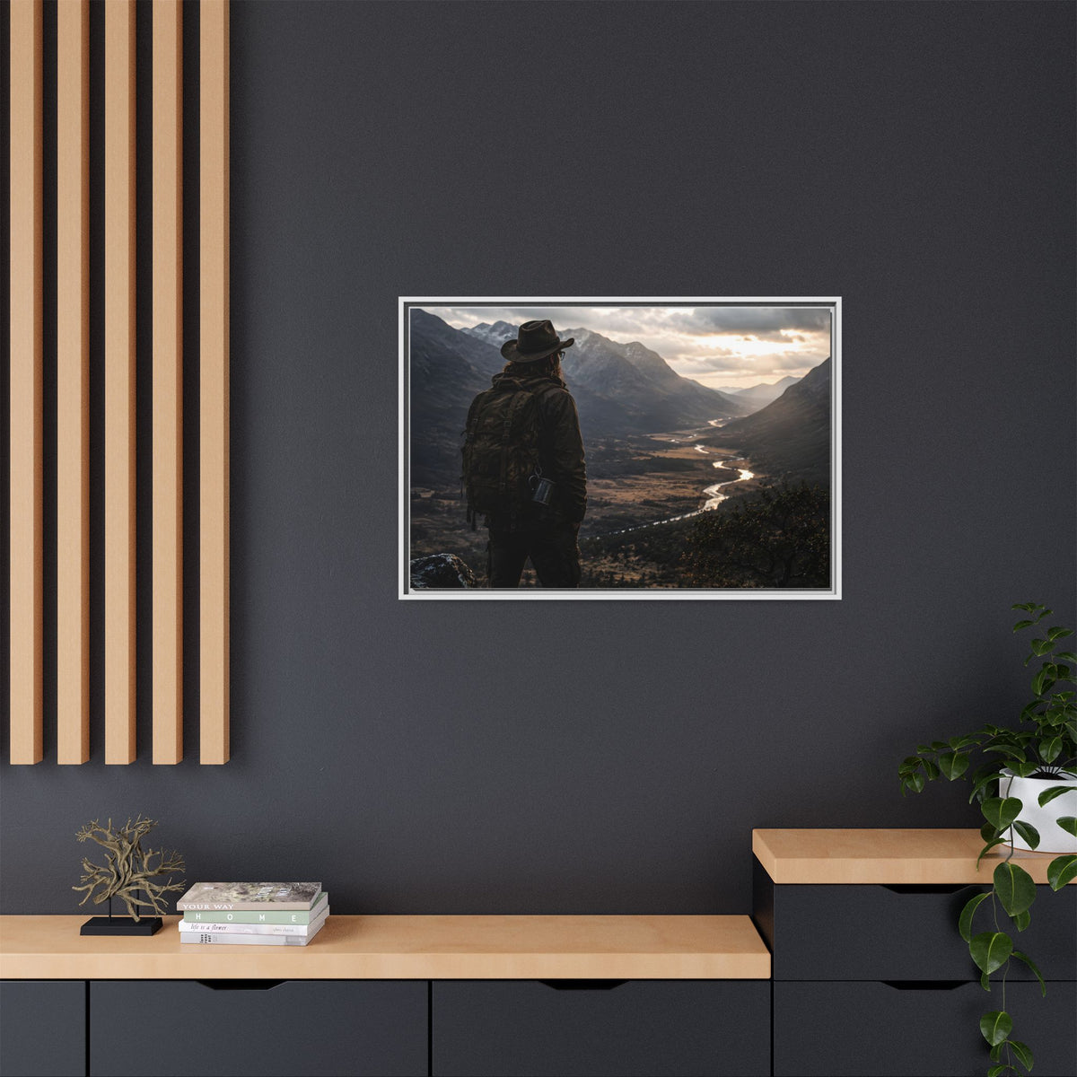Wanderer in the Valley Matte Framed Canvas – Adventure Landscape Wall Art