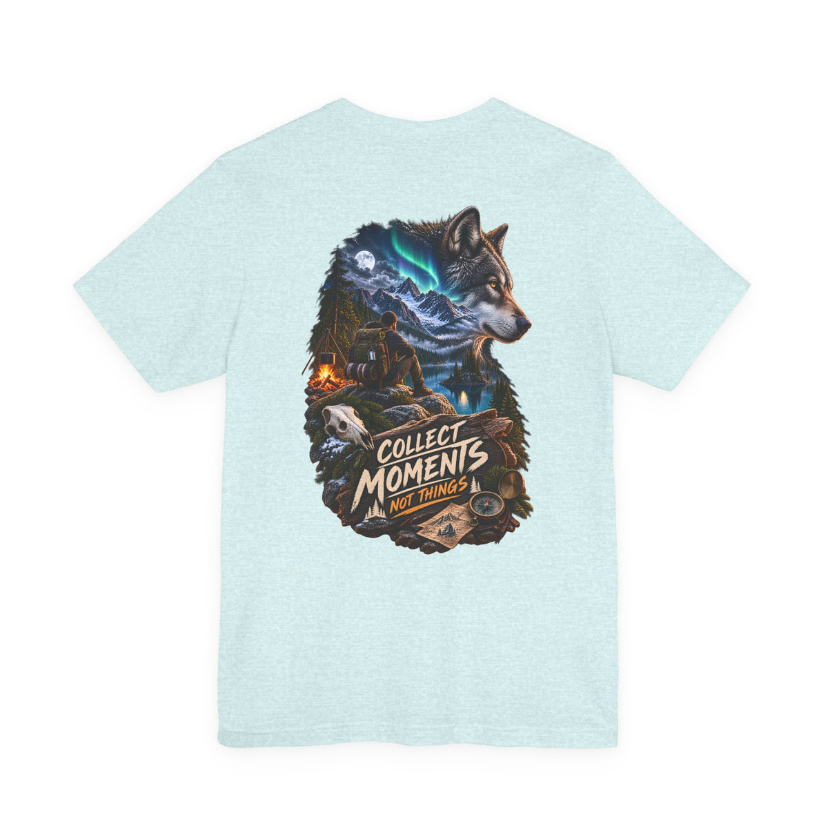Wolf Graphic Tee – "Collect Moments Not Things" Adventure T-Shirt