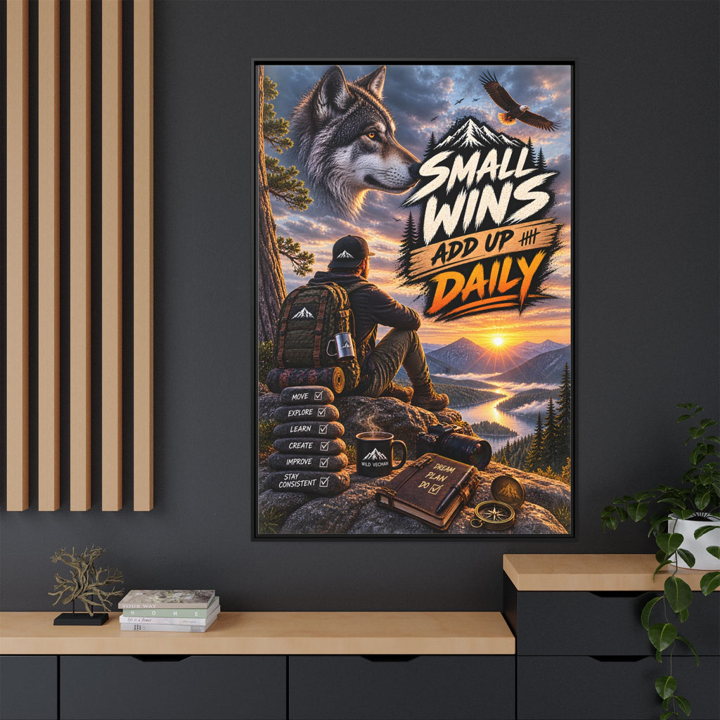 Small Wins Add Up Daily Framed Canvas Wall Art — Motivational Hiking Print