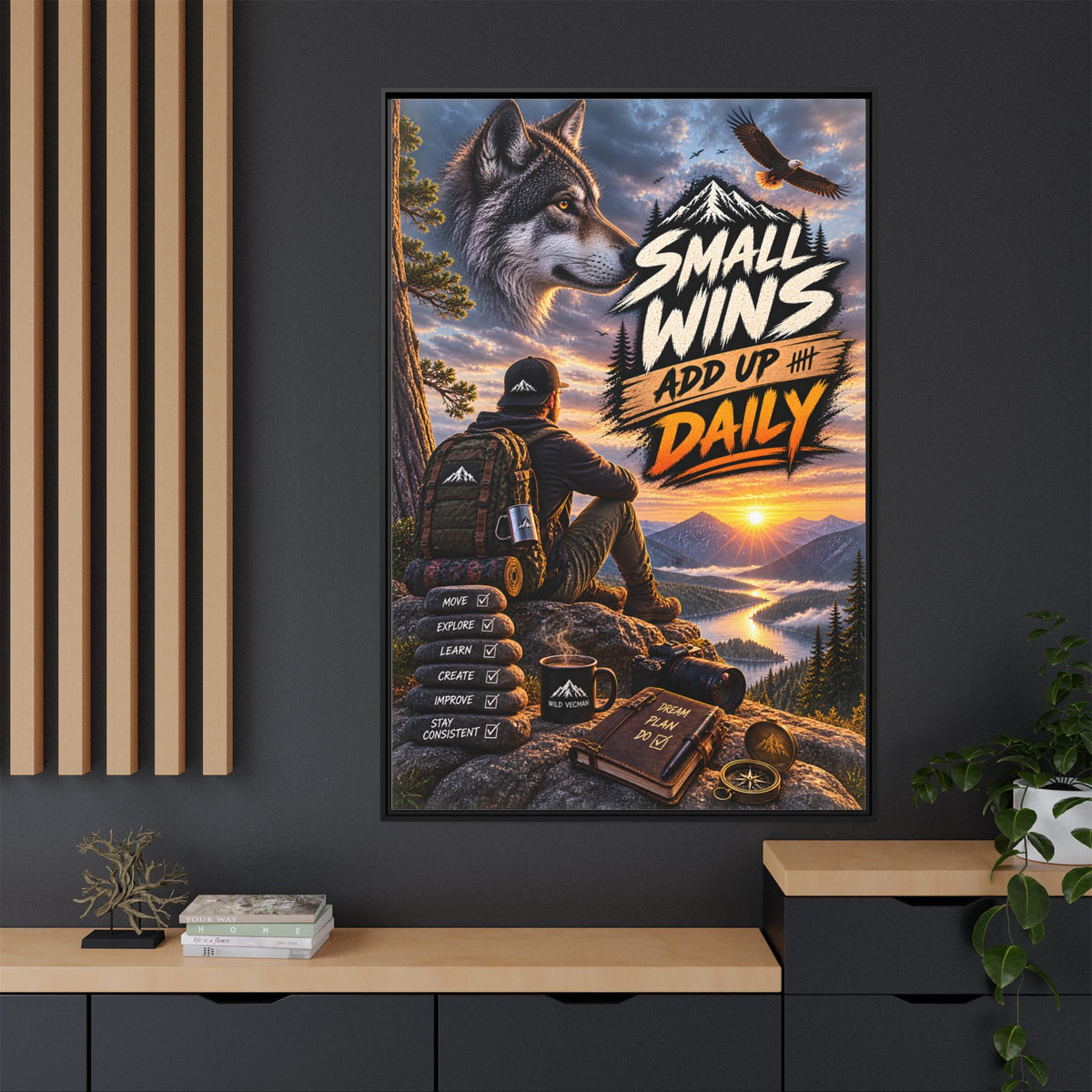 Small Wins Add Up Daily Framed Canvas Wall Art — Motivational Hiking Print
