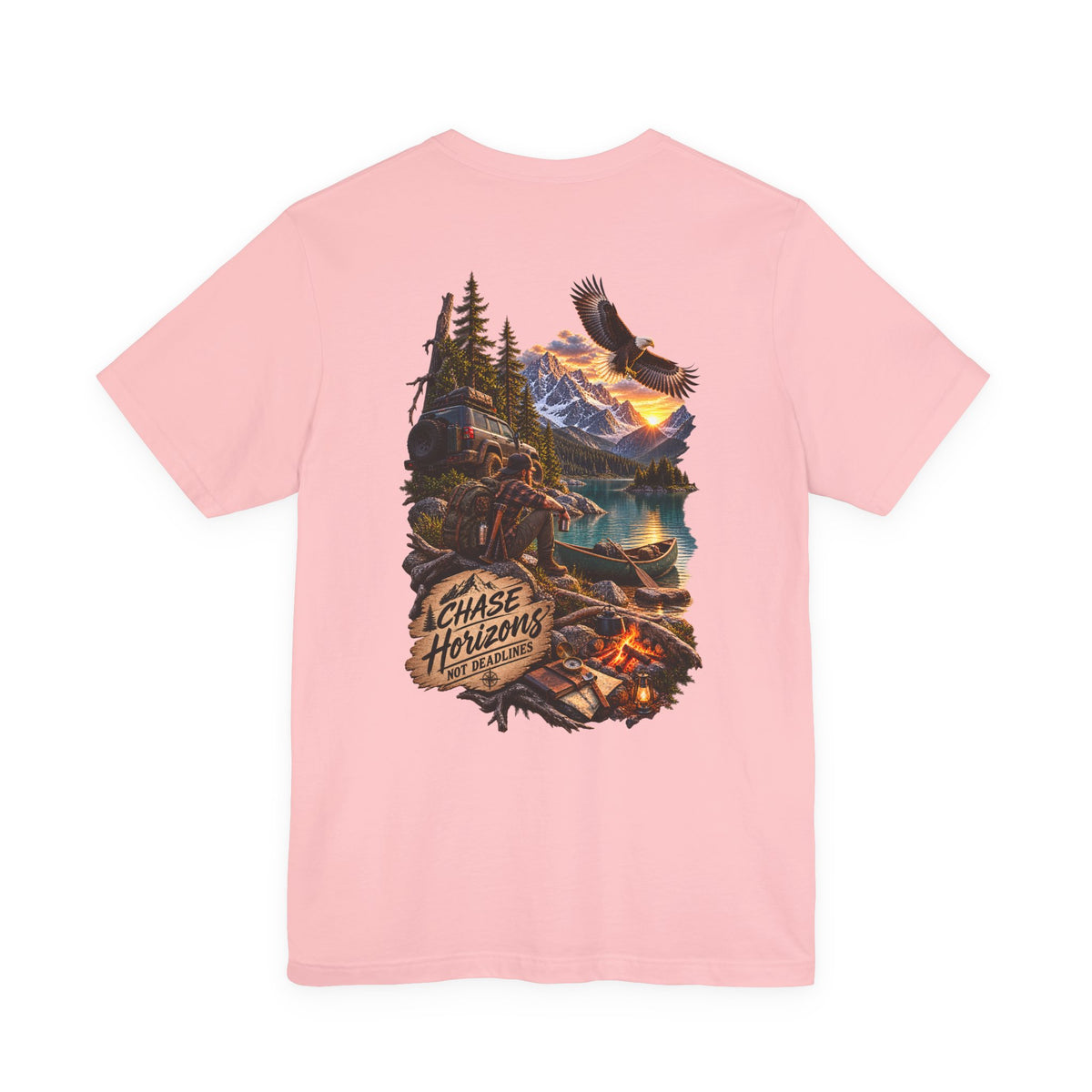 Adventure Graphic Tee — "Chase New Horizons" Mountain & Eagle Back Print