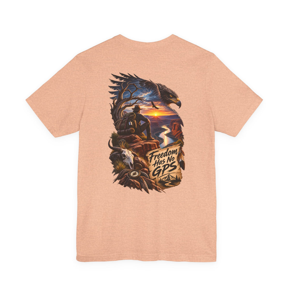 Freedom Has No GPS T‑Shirt — Patriotic Eagle Sunset Vintage Tee