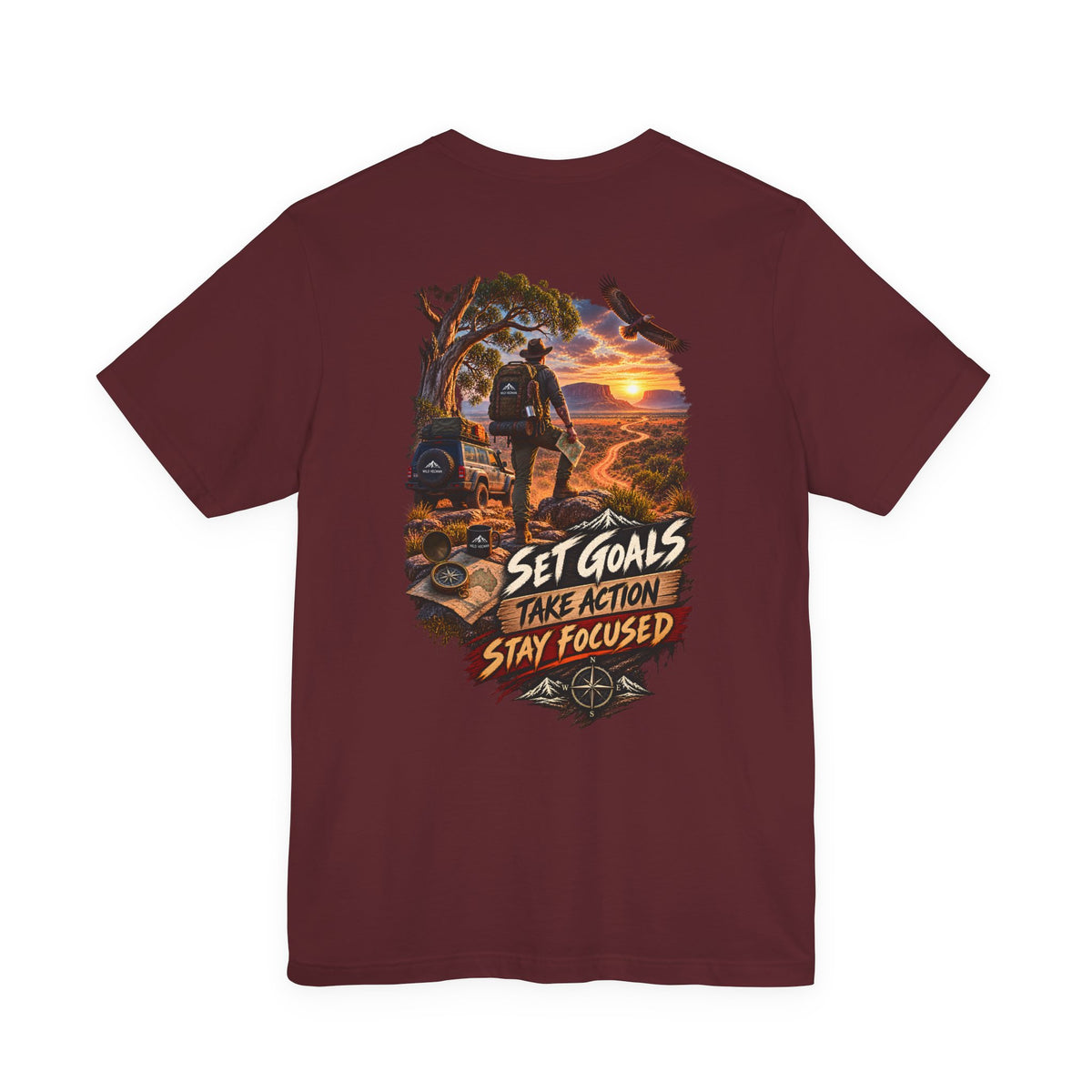 Motivational Hiking T‑Shirt — "Set Goals, Take Action, Stay Focused" Back Graphic