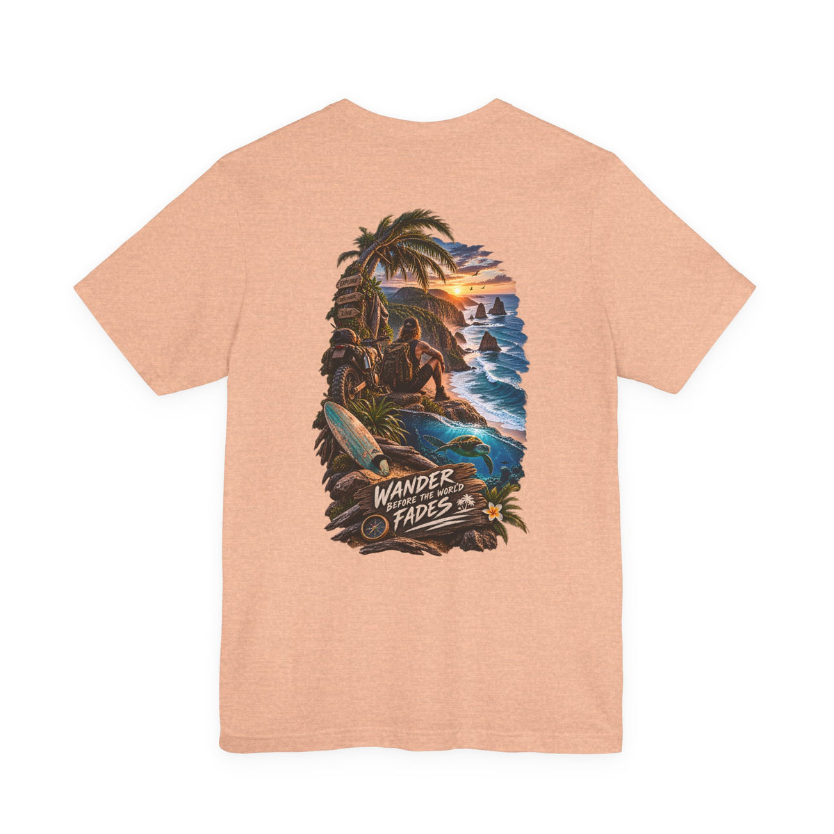 T-Shirt — "Wander Never Fades" Surf Sunset Graphic Tee