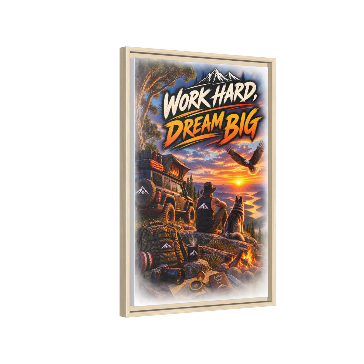Work Hard Dream Big Framed Canvas Print — Inspirational Camping Sunset Wall Art