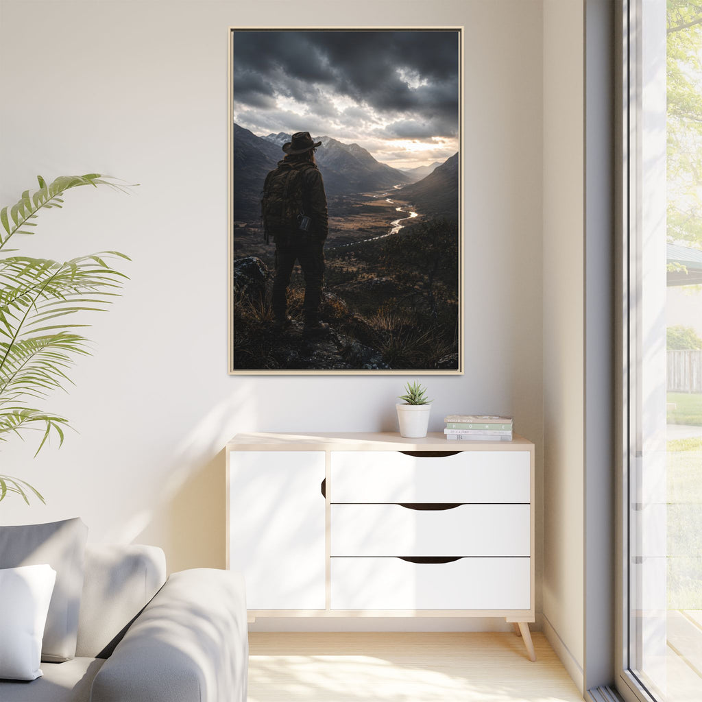 Wanderer in the Valley Matte Framed Canvas – Adventure Landscape Wall Art