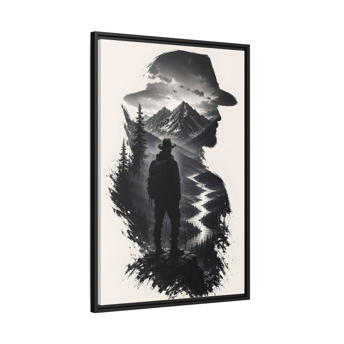 Adventure Silhouette Matte Canvas Framed Print — Mountain Hiker Double Exposure Wall Art