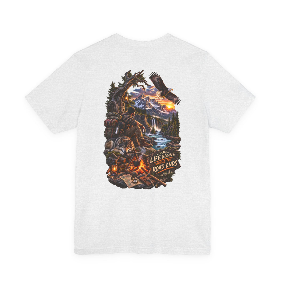 Adventure Campfire Tee — Life Begins Where the Road Ends Graphic T-Shirt