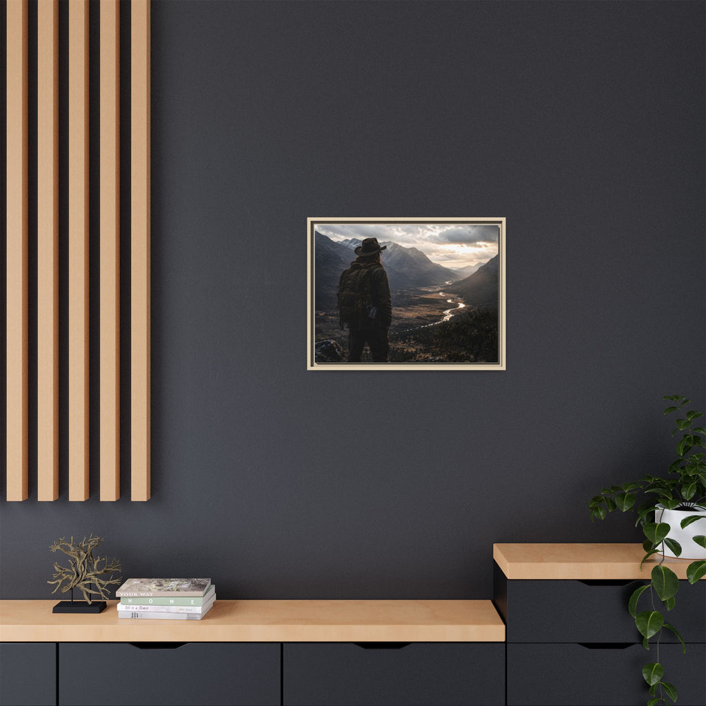 Wanderer in the Valley Matte Framed Canvas – Adventure Landscape Wall Art