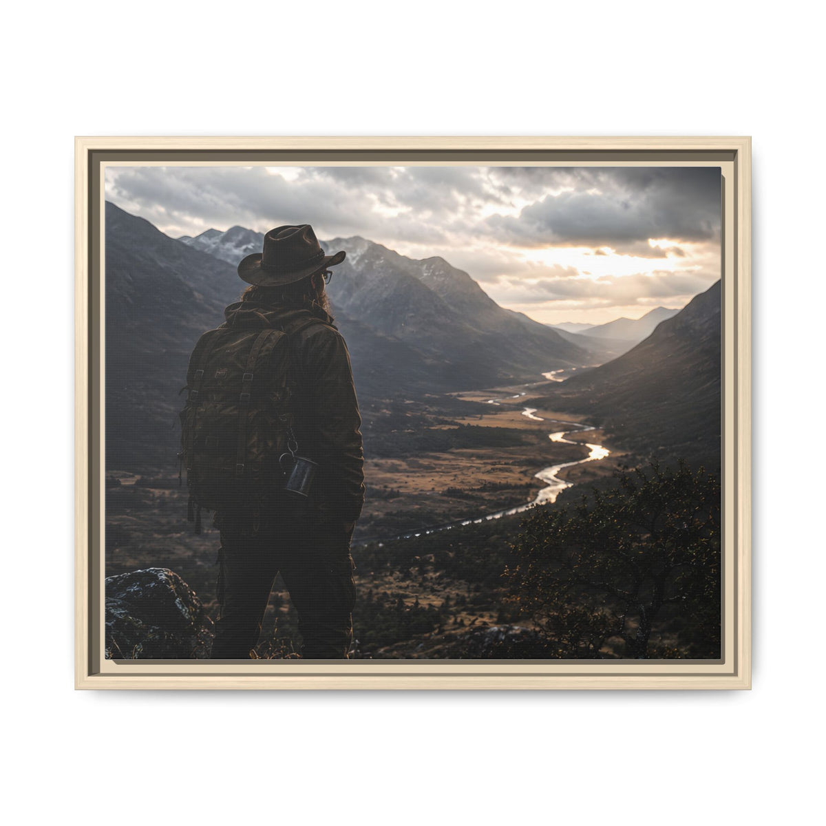 Wanderer in the Valley Matte Framed Canvas – Adventure Landscape Wall Art