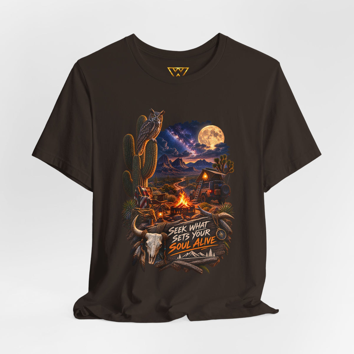 Campfire Desert Graphic Tee — "Seek What Sets Your Soul Alive"