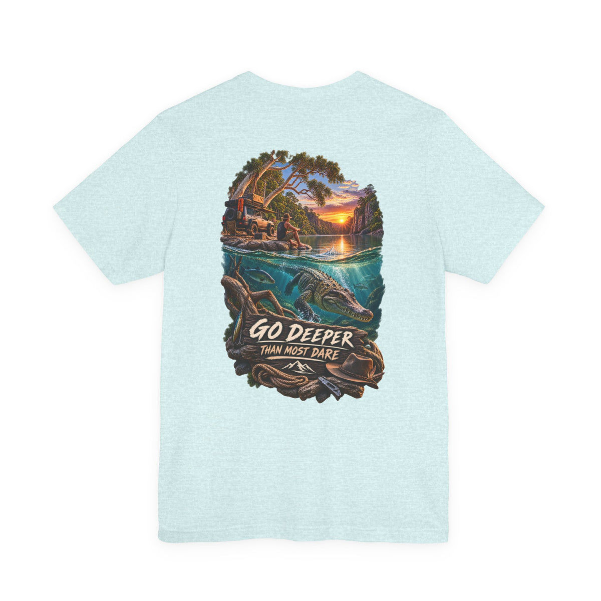 Go Deeper Dolphin Beach Tee — Nautical Sunset Ocean Graphic T‑Shirt