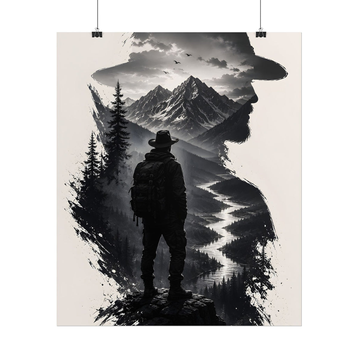 Adventure Silhouette Poster — Hiker, Mountains & River Rolled Wall Art