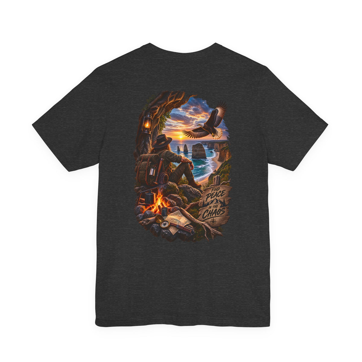 Coastal Campfire Adventure T-Shirt — Sunset, Eagle & Seaside Explorer Tee
