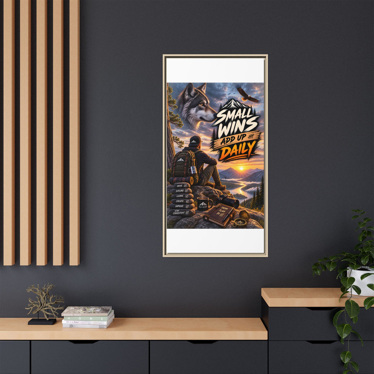 Small Wins Add Up Daily Framed Canvas Wall Art — Motivational Hiking Print