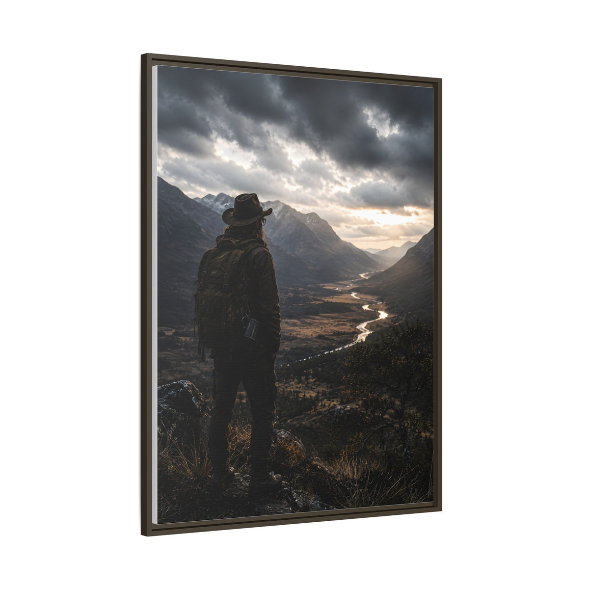 Wanderer in the Valley Matte Framed Canvas – Adventure Landscape Wall Art