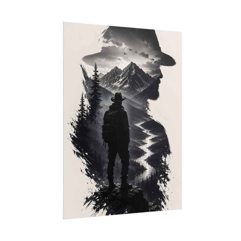 Adventure Silhouette Poster — Hiker, Mountains & River Rolled Wall Art