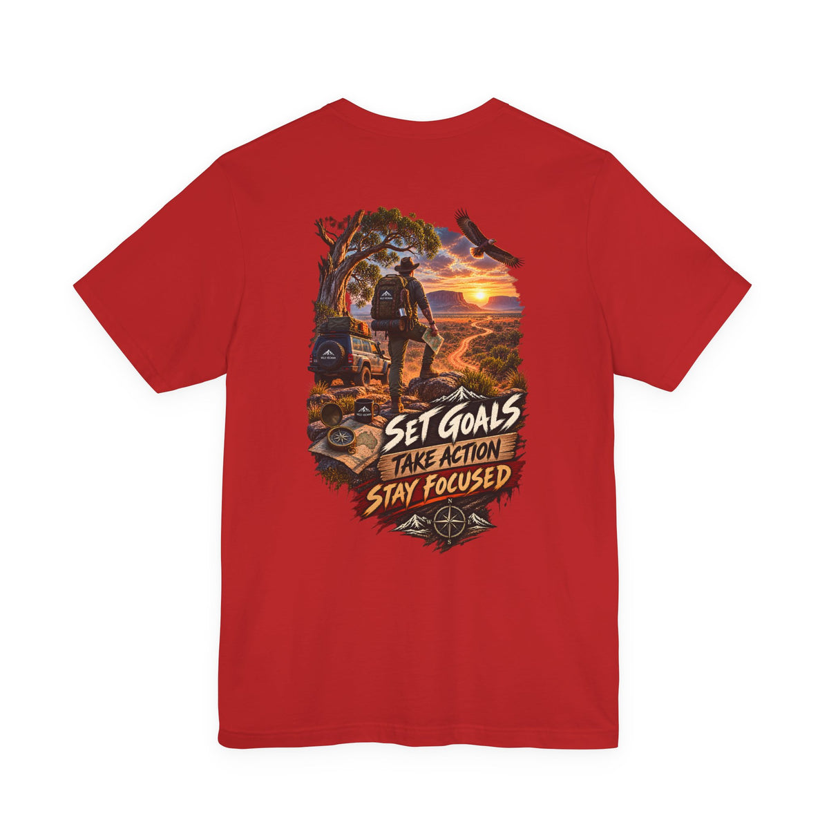 Motivational Hiking T‑Shirt — "Set Goals, Take Action, Stay Focused" Back Graphic