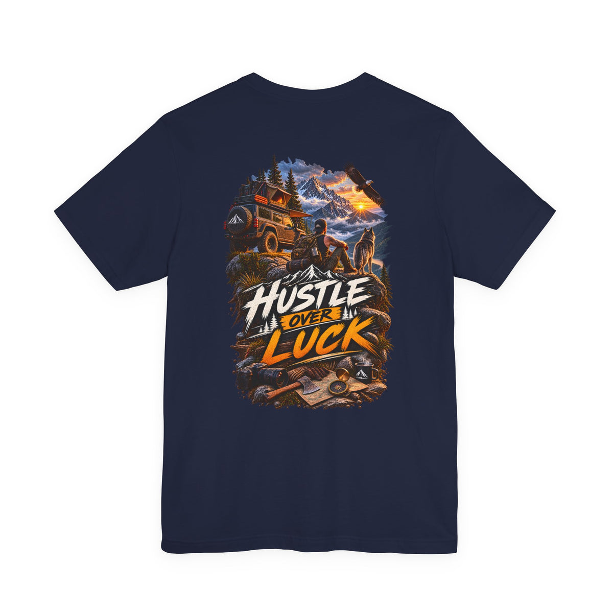 Hustle Over Luck Graphic Tee — Adventure Motivation Mountain T-Shirt