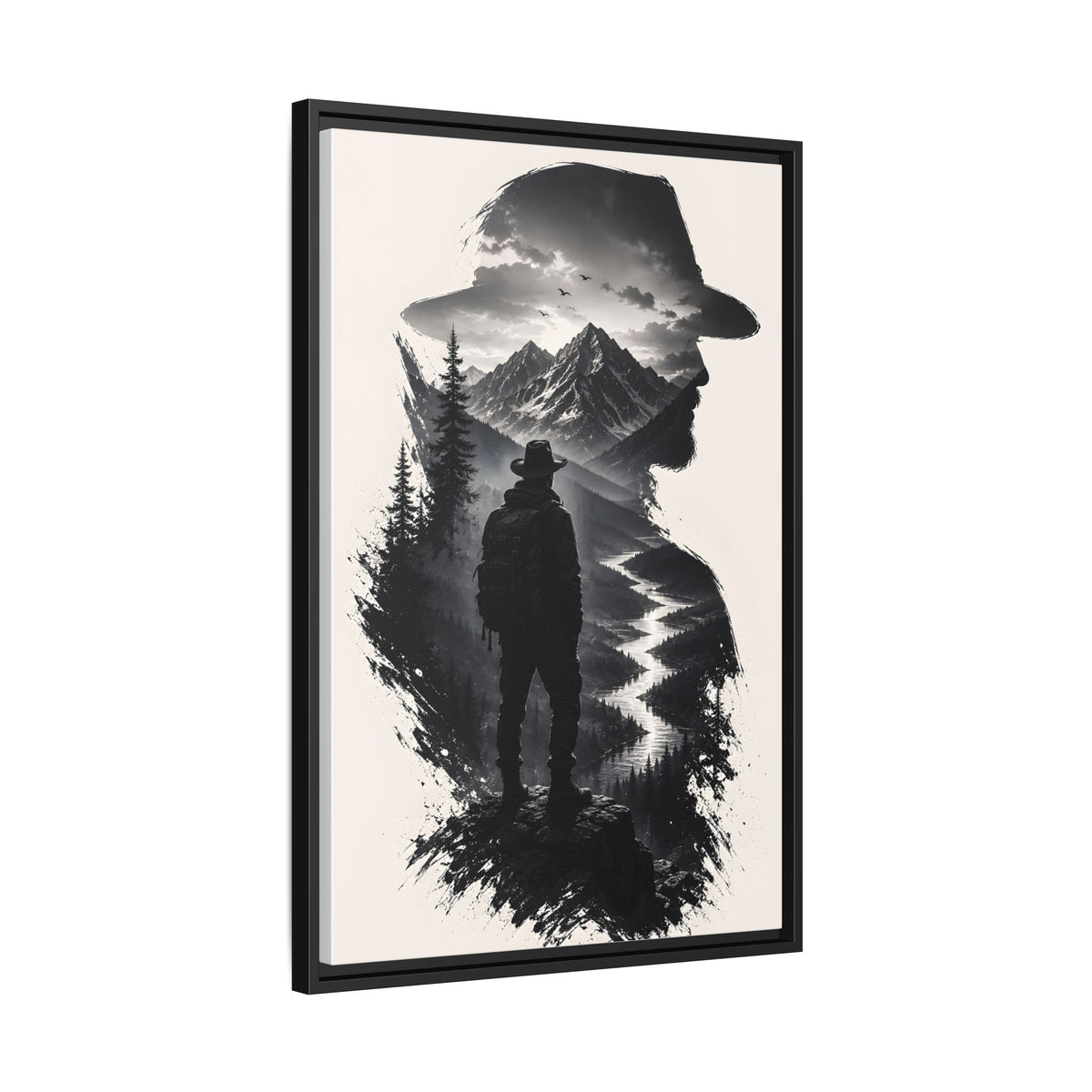 Adventure Silhouette Matte Canvas Framed Print — Mountain Hiker Double Exposure Wall Art